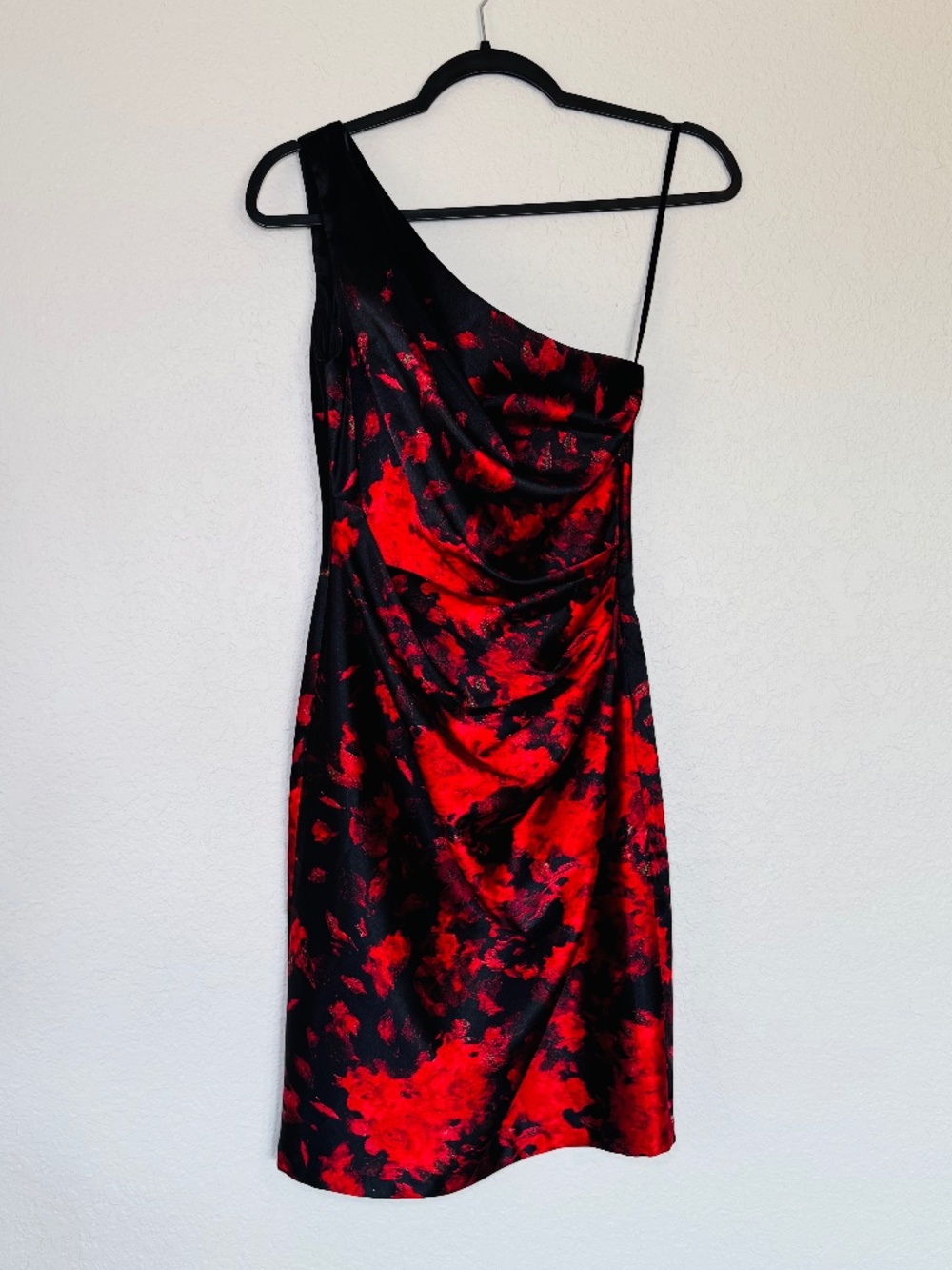 Cache One Shoulder Dress 2 Satin Roses Ruched Whimsygoth Witchy Vintage 90s